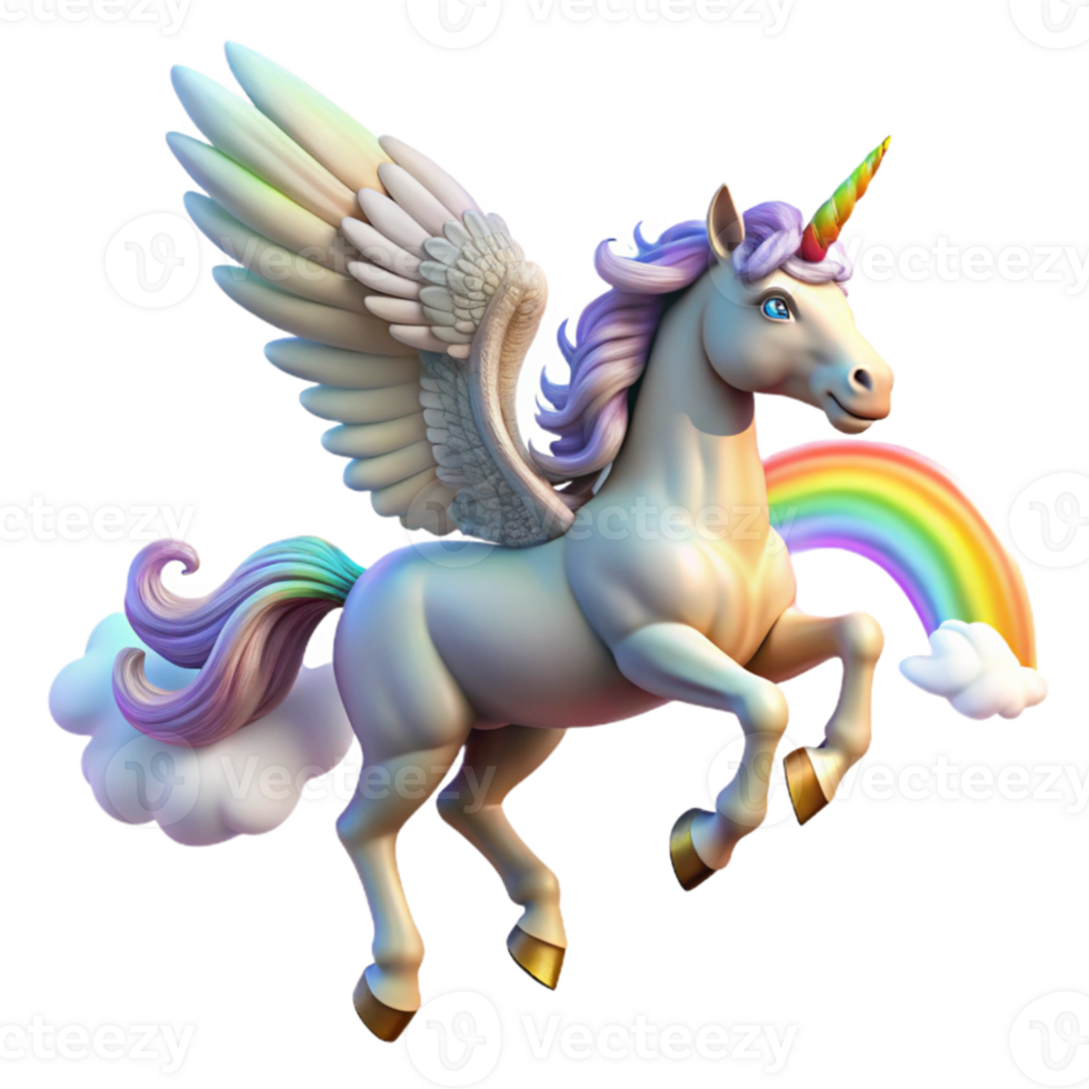 elegant abstract A graceful pegasus, with iridescent wings, soaring through a cloudy sky, illuminated by a rainbow. Baroque style detailed png