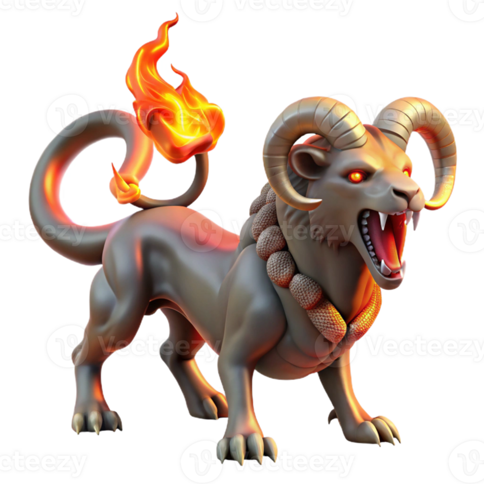 impressive creative A fearsome chimera, with a lion's head, a goat's body, and a serpent's tail, breathing fire, lit by a dramatic red glow. Surrealist style original png
