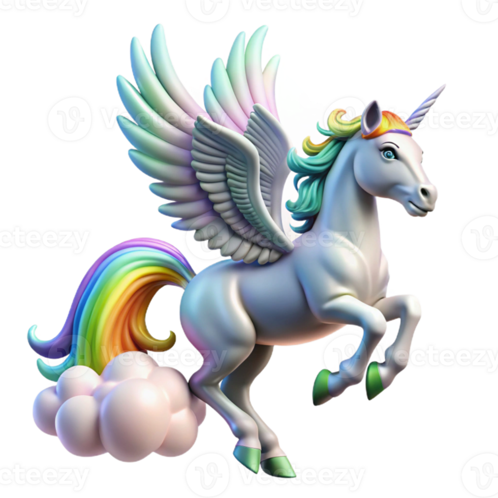 extraordinary modern A graceful pegasus, with iridescent wings, soaring through a cloudy sky, illuminated by a rainbow. Baroque style genuine png