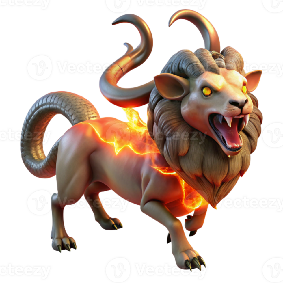 dramatic creative A fearsome chimera, with a lion's head, a goat's body, and a serpent's tail, breathing fire, lit by a dramatic red glow. Surrealist style detailed png