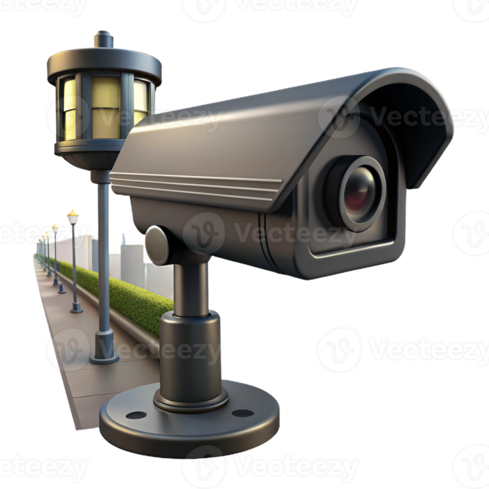 beautiful vintage A towering surveillance camera overlooking a deserted street, stark black and white, high contrast lighting, film noir style professional png