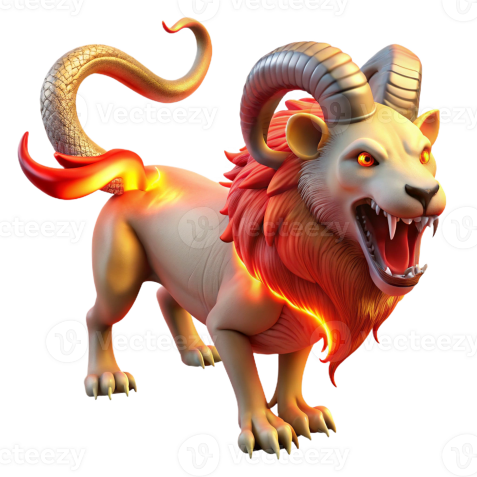 elegant minimalist A fearsome chimera, with a lion's head, a goat's body, and a serpent's tail, breathing fire, lit by a dramatic red glow. Surrealist style professional png