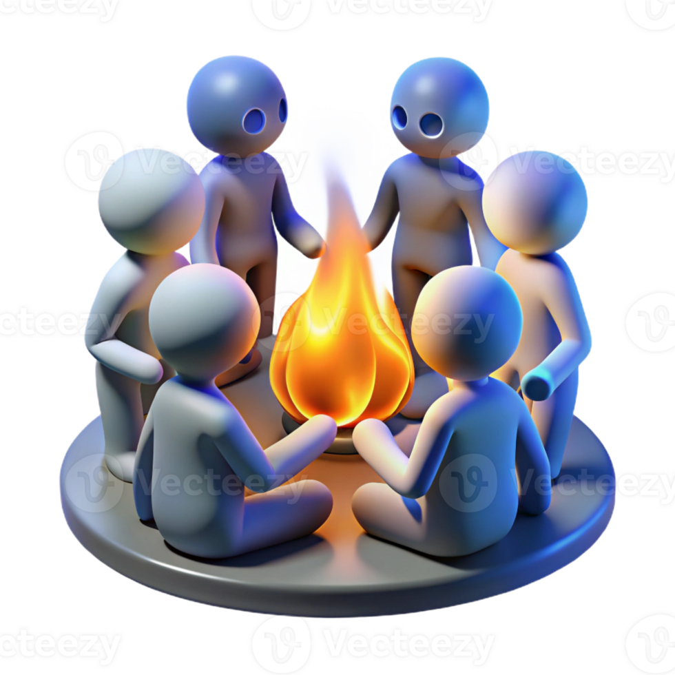 elegant vintage A group of emaciated humans huddled around a flickering fire, cool blue lighting, gritty realistic style original png