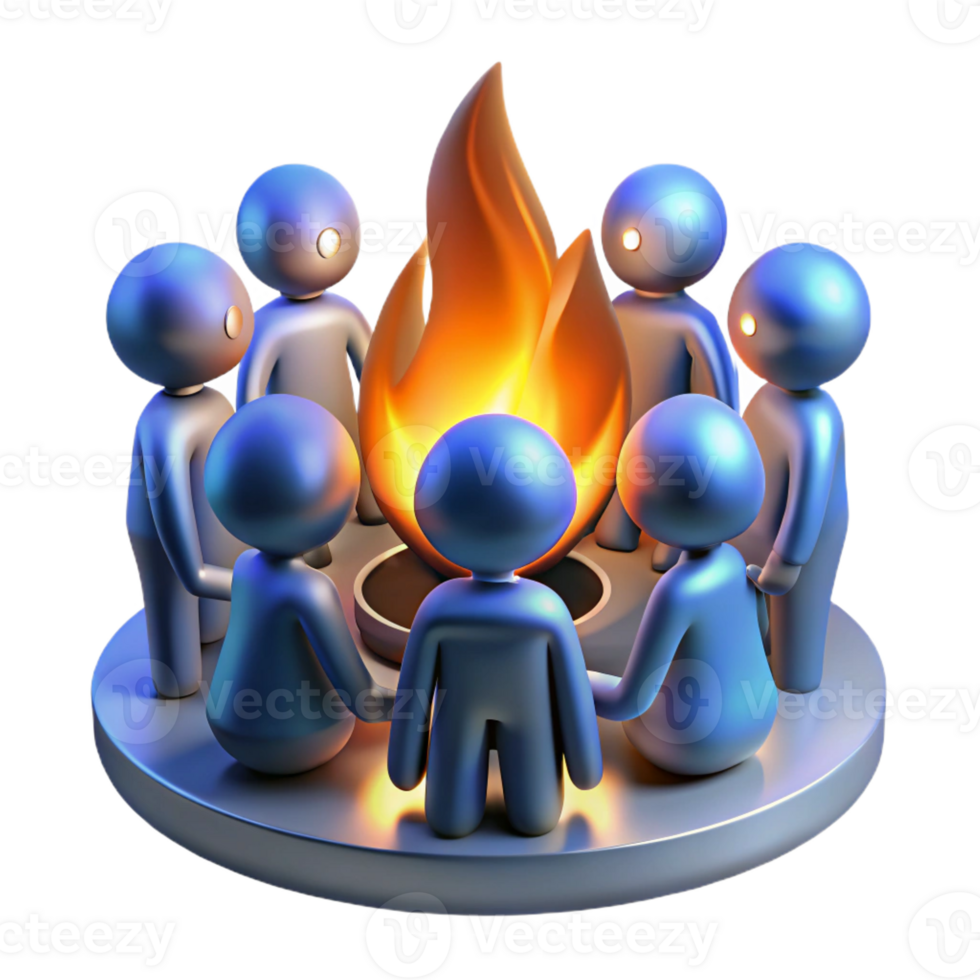 stunning creative A group of emaciated humans huddled around a flickering fire, cool blue lighting, gritty realistic style authentic png