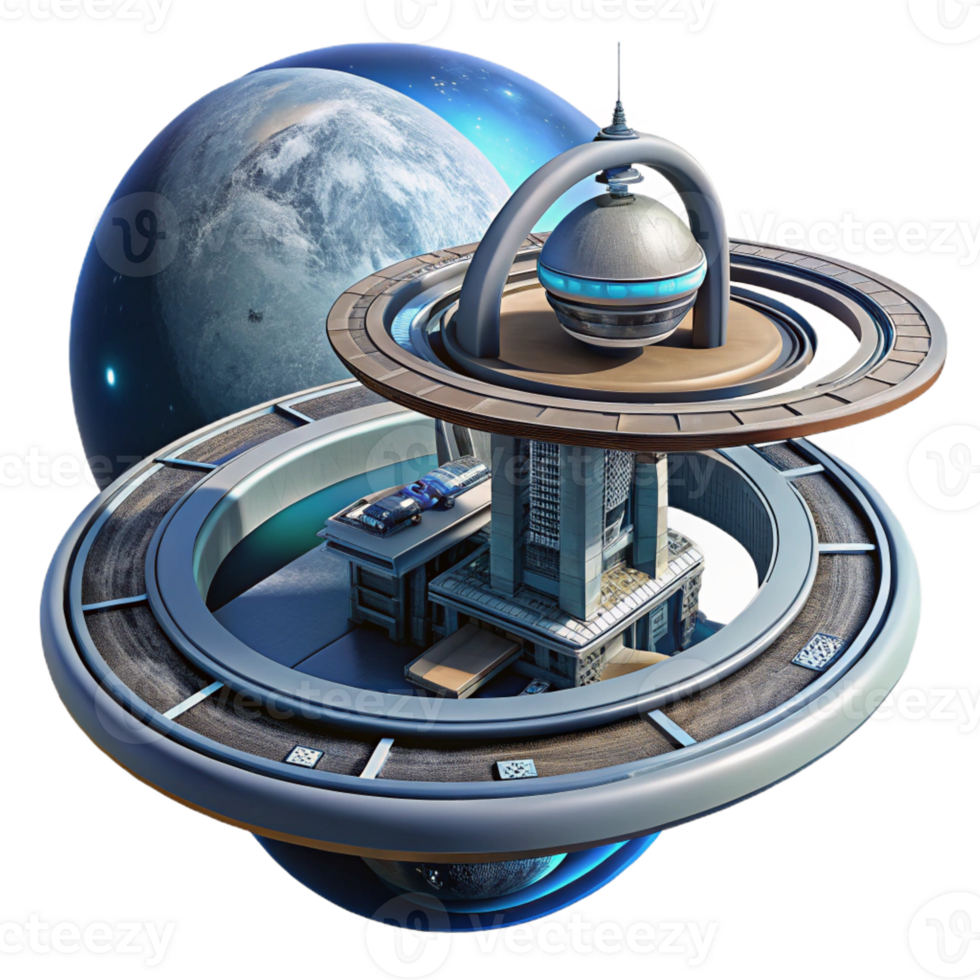 beautiful contemporary A futuristic space station, orbiting a gas giant, with intricate docking bays and rotating sections. Realistic lighting, hard sci-fi style authentic png