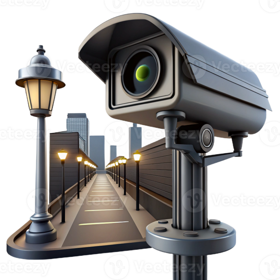 wonderful modern A towering surveillance camera overlooking a deserted street, stark black and white, high contrast lighting, film noir style original png