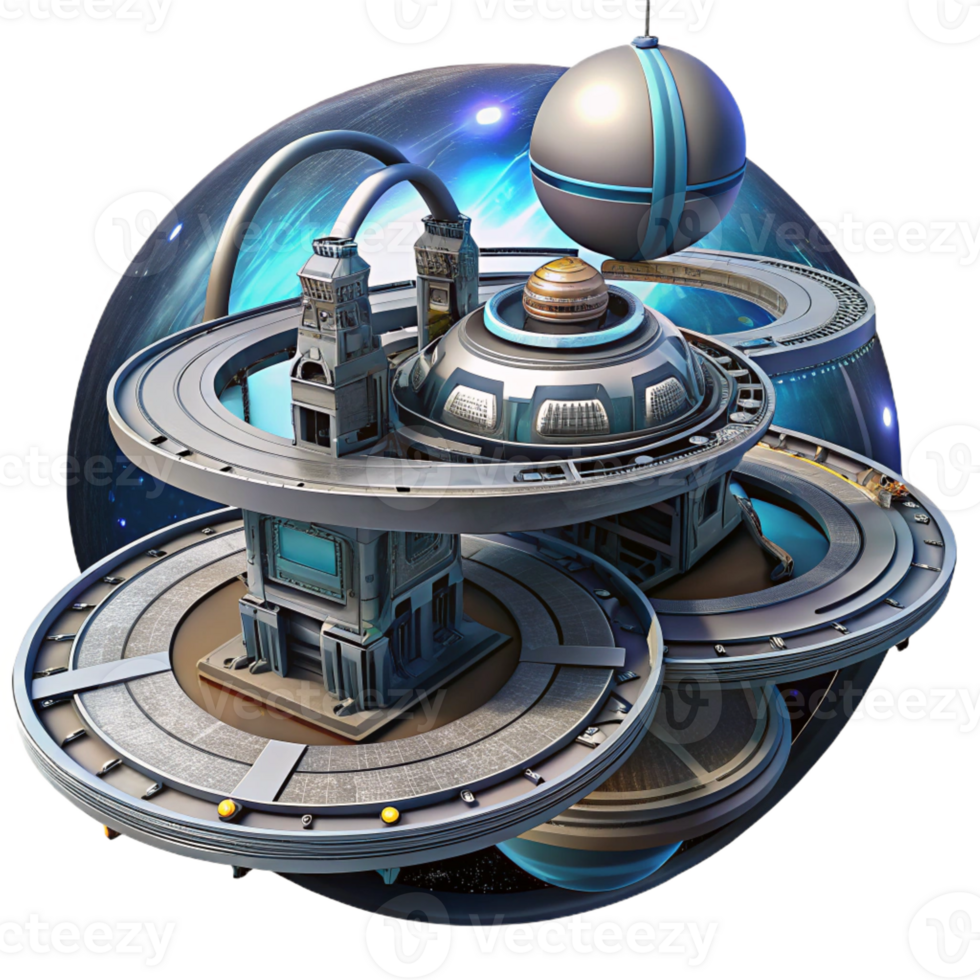 beautiful creative A futuristic space station, orbiting a gas giant, with intricate docking bays and rotating sections. Realistic lighting, hard sci-fi style detailed png