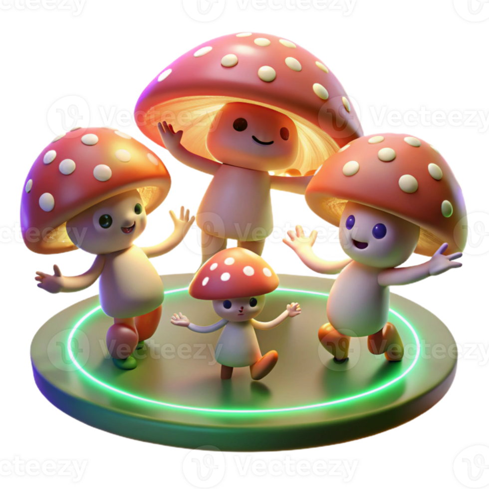 dramatic vintage A group of playful sprites dancing around a glowing mushroom ring, soft, whimsical lighting. Children's book illustration style high resolution png