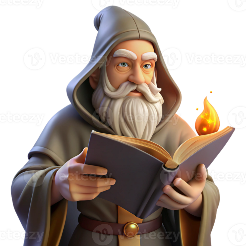 elegant traditional A wise old wizard with a long white beard, reading from an ancient tome, warm firelight. Classical painting style exclusive png