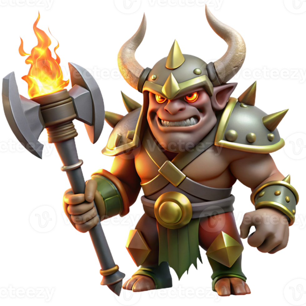 dramatic artistic A fearsome orc chieftain wearing a horned helmet, wielding a massive battleaxe, dramatic firelight. Realistic painting style professional png