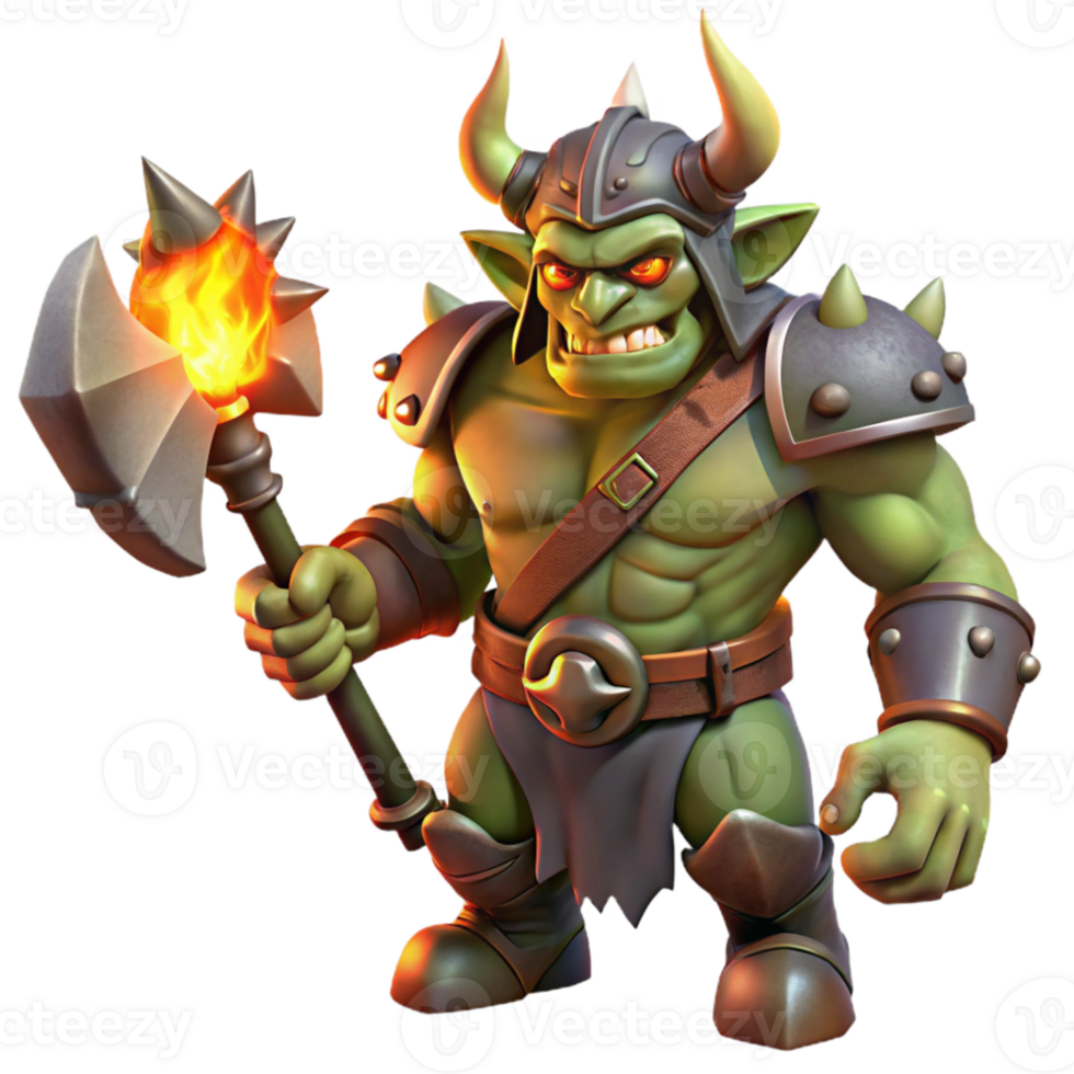 wonderful creative A fearsome orc chieftain wearing a horned helmet, wielding a massive battleaxe, dramatic firelight. Realistic painting style authentic png