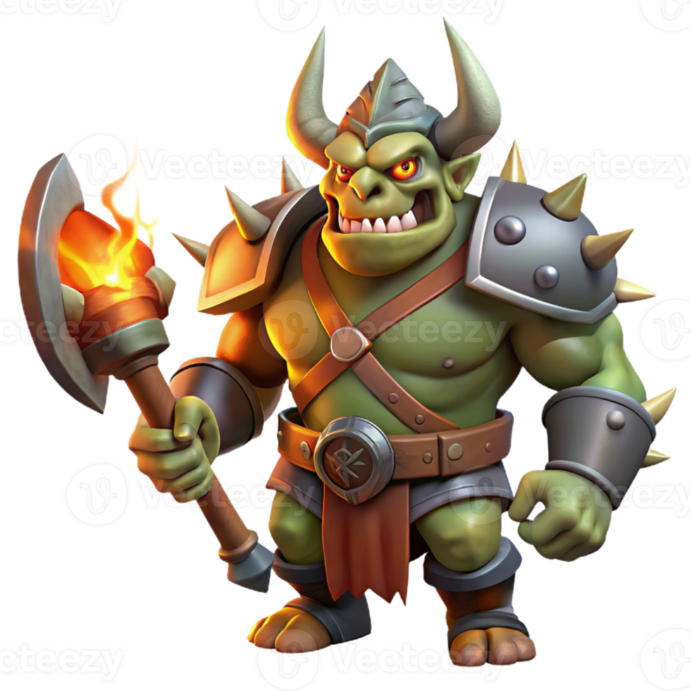 extraordinary modern A fearsome orc chieftain wearing a horned helmet, wielding a massive battleaxe, dramatic firelight. Realistic painting style 4K png