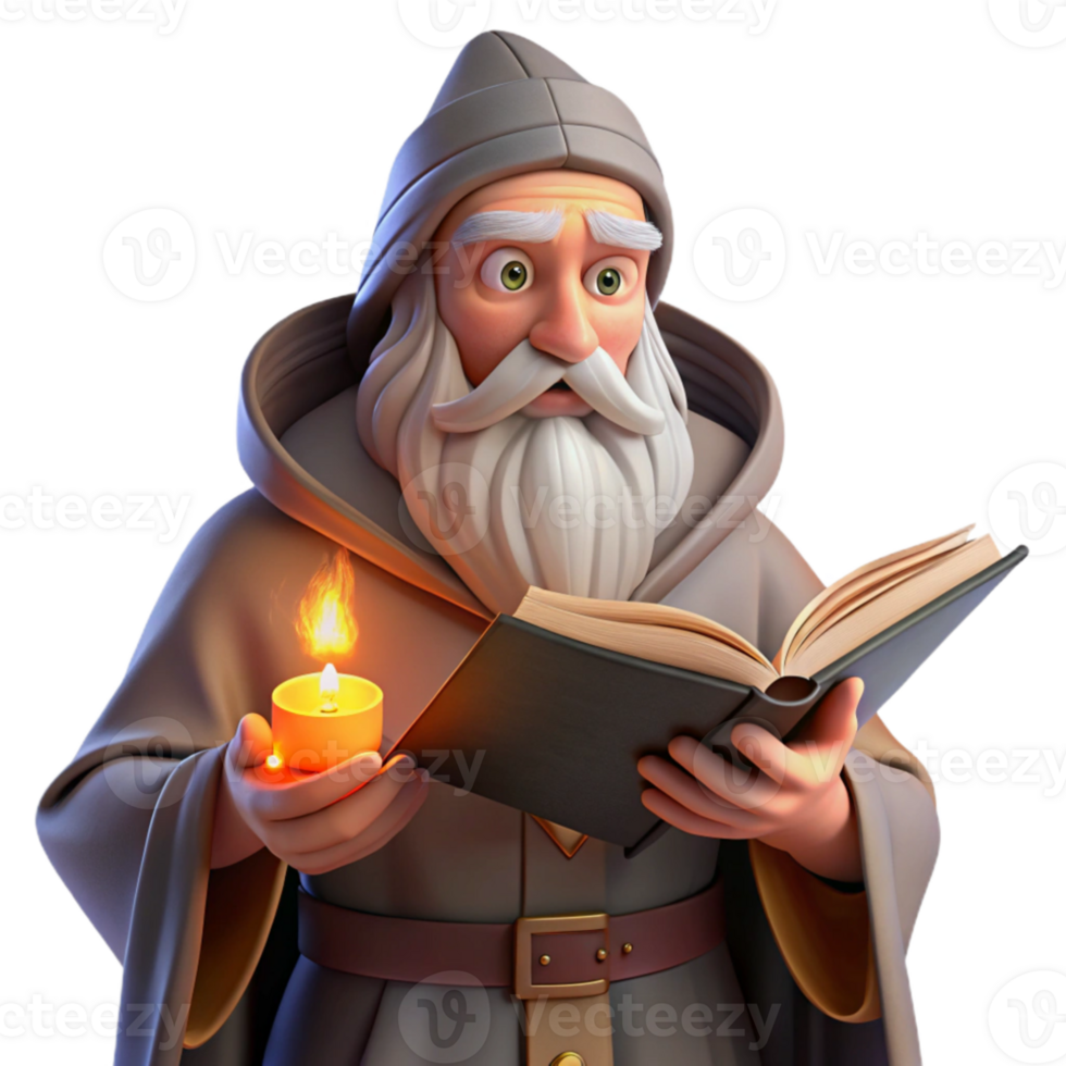wonderful modern A wise old wizard with a long white beard, reading from an ancient tome, warm firelight. Classical painting style 4K png