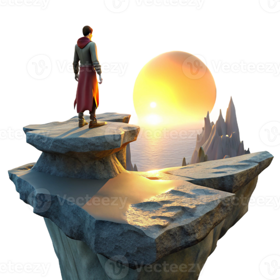 magnificent classic A solitary figure standing on a precipice overlooking a vast, fantastical landscape, sunset lighting. Epic fantasy art style professional png