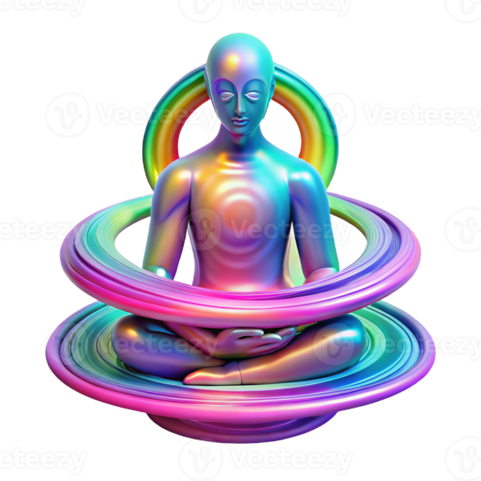 wonderful modern A serene meditating figure surrounded by a halo of swirling, multicolored energy, psychedelic art style genuine png