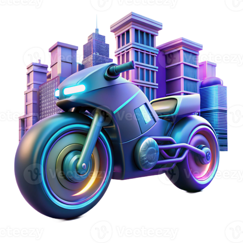 magnificent traditional A futuristic motorcycle, with glowing neon accents and sleek, aerodynamic lines, speeds through a neon-lit cityscape. Dynamic lighting, motion blur. Cyberpunk style exclusive png