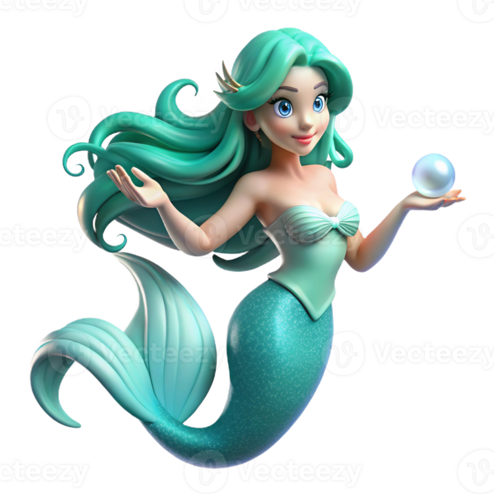 beautiful minimalist A beautiful mermaid with flowing turquoise hair holds a pearl in her outstretched hand. Underwater lighting with caustics. Fantasy anime style genuine png