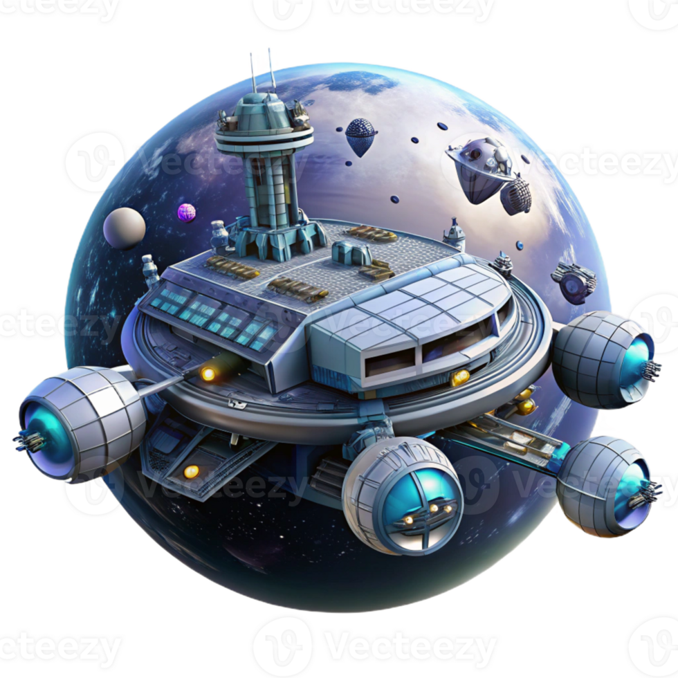 vibrant creative A giant space station orbiting a binary star system, with smaller ships docking and departing. Bright lighting, photorealistic style premium png
