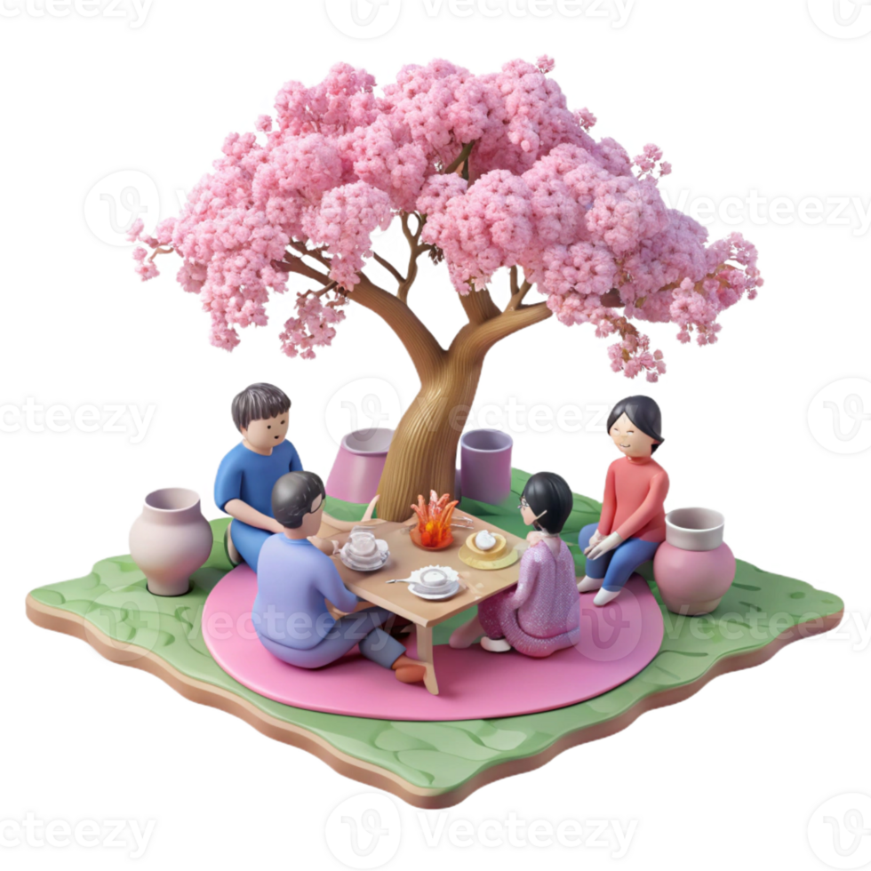 vibrant creative A group of friends enjoys a picnic under a cherry blossom tree. Soft, pink lighting. Slice-of-life anime style high quality png