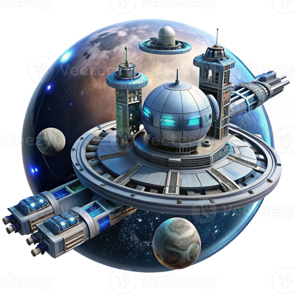 stunning creative A giant space station orbiting a binary star system, with smaller ships docking and departing. Bright lighting, photorealistic style high quality png