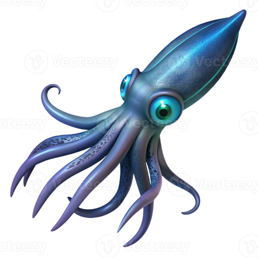 vibrant modern A giant squid swimming through the deep ocean, bioluminescent details, dark background removed, deep sea exploration style detailed png