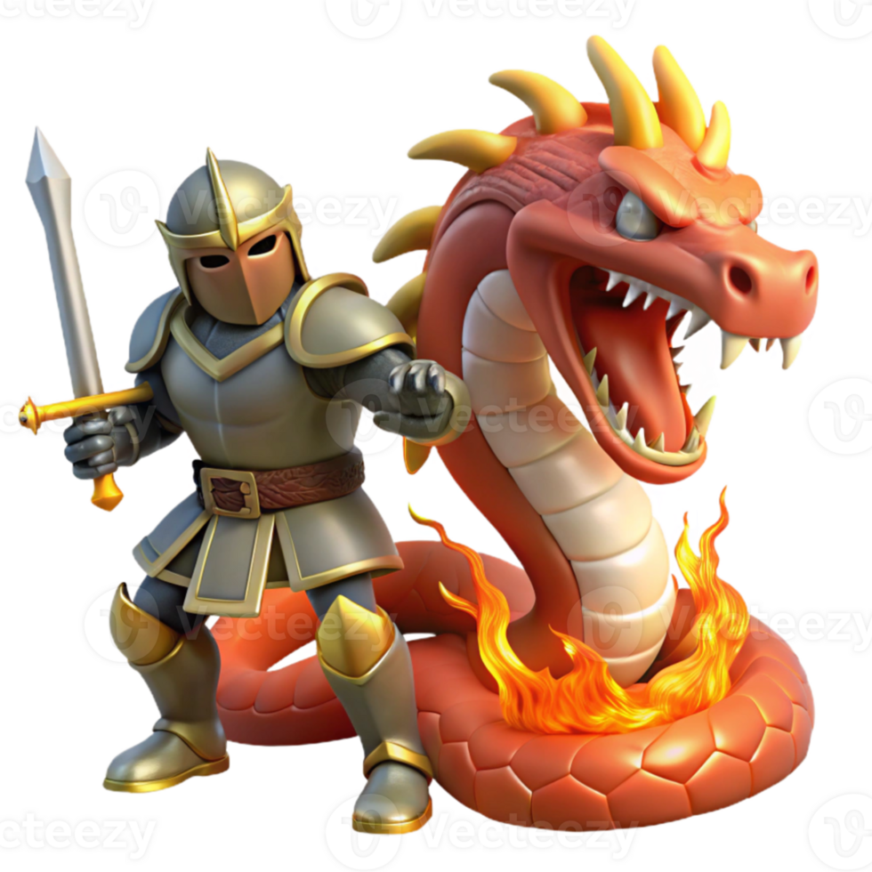 beautiful traditional A brave knight in shining armor, battling a monstrous hydra, lit by the fiery breath of the beast. Chivalric romance style professional png