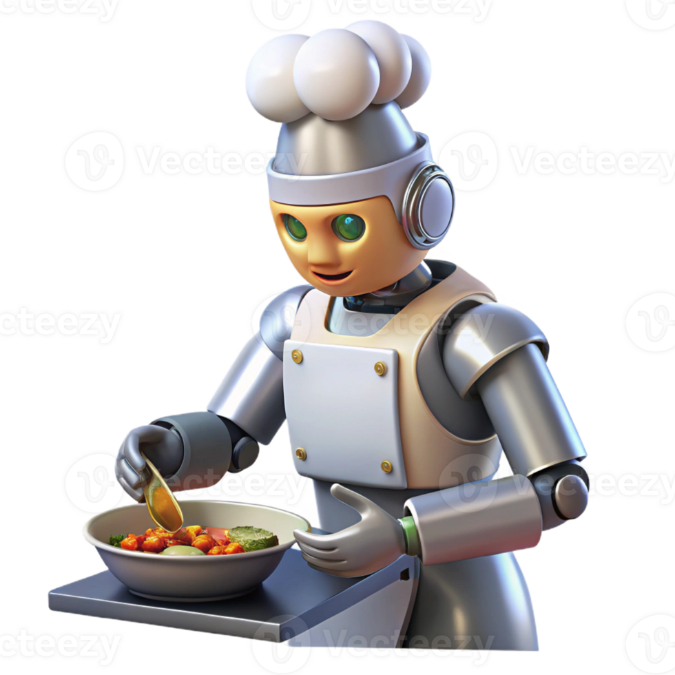 serene rustic A robot chef preparing a meal with precise movements, illuminated by kitchen lighting, in a realistic style high resolution png