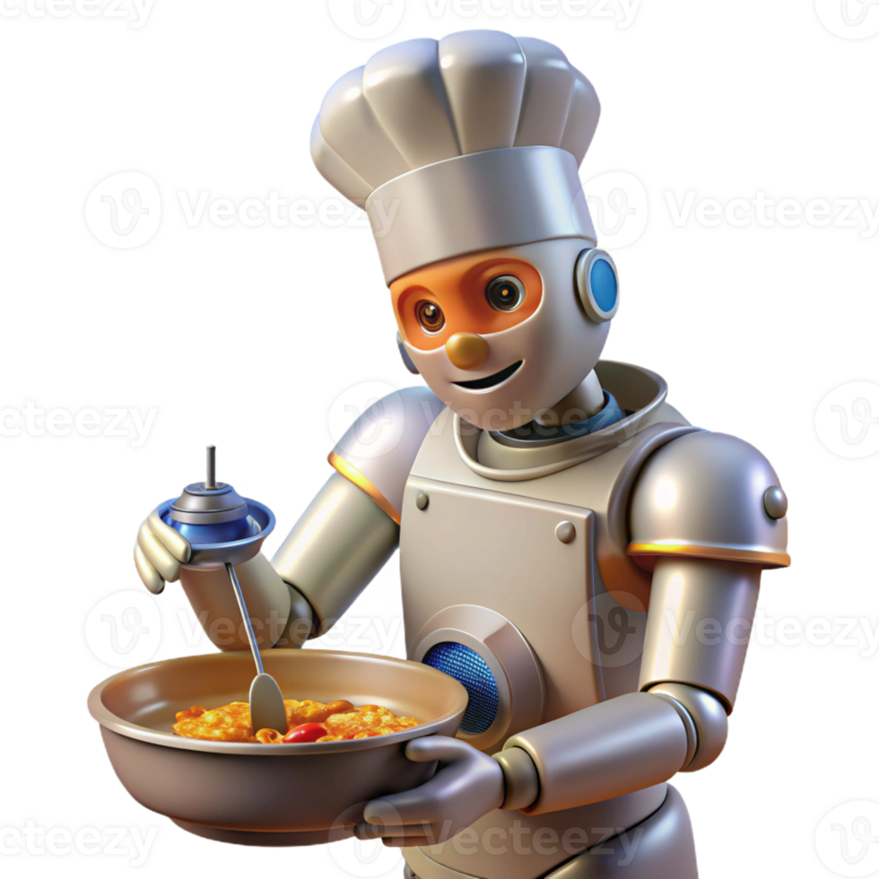 magnificent vintage A robot chef preparing a meal with precise movements, illuminated by kitchen lighting, in a realistic style exclusive png