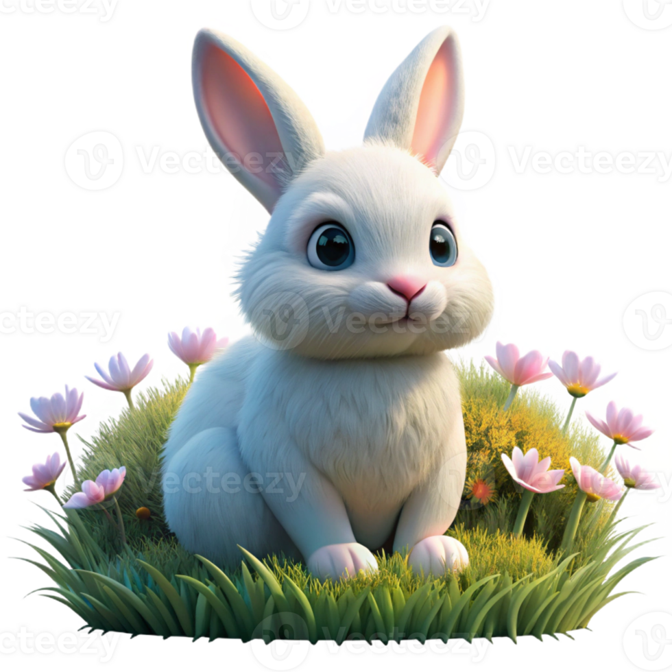elegant minimalist A fluffy white rabbit sitting in a field of wildflowers, soft lighting, pastel colors, children's book illustration style original png