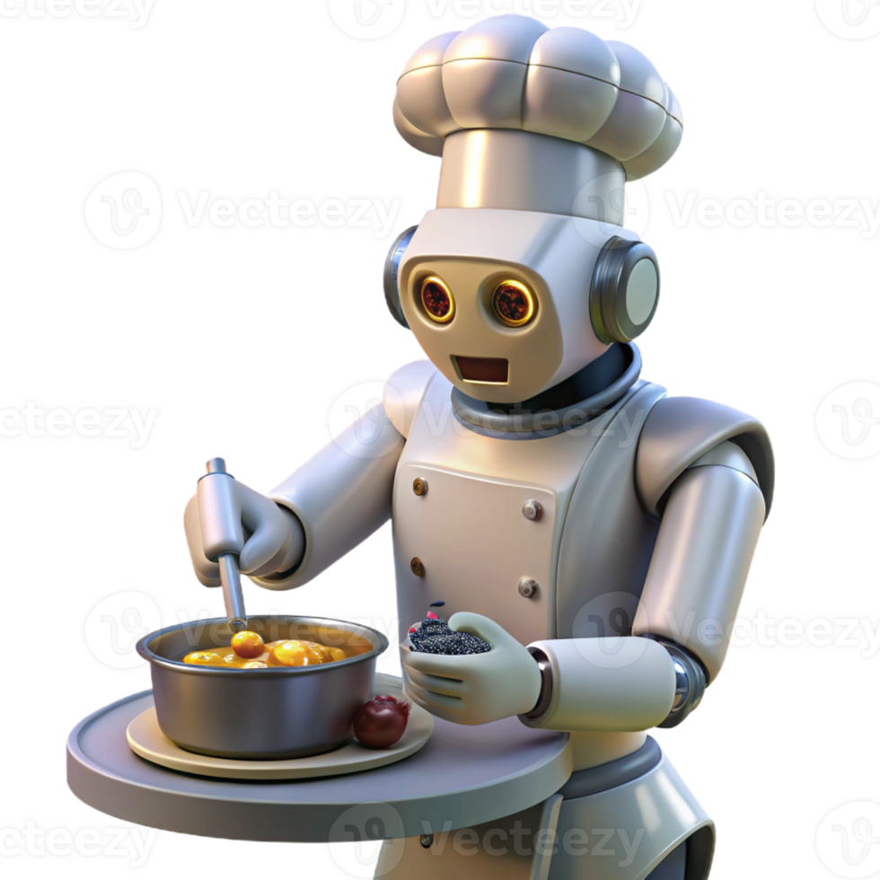 impressive modern A robot chef preparing a meal with precise movements, illuminated by kitchen lighting, in a realistic style 4K png
