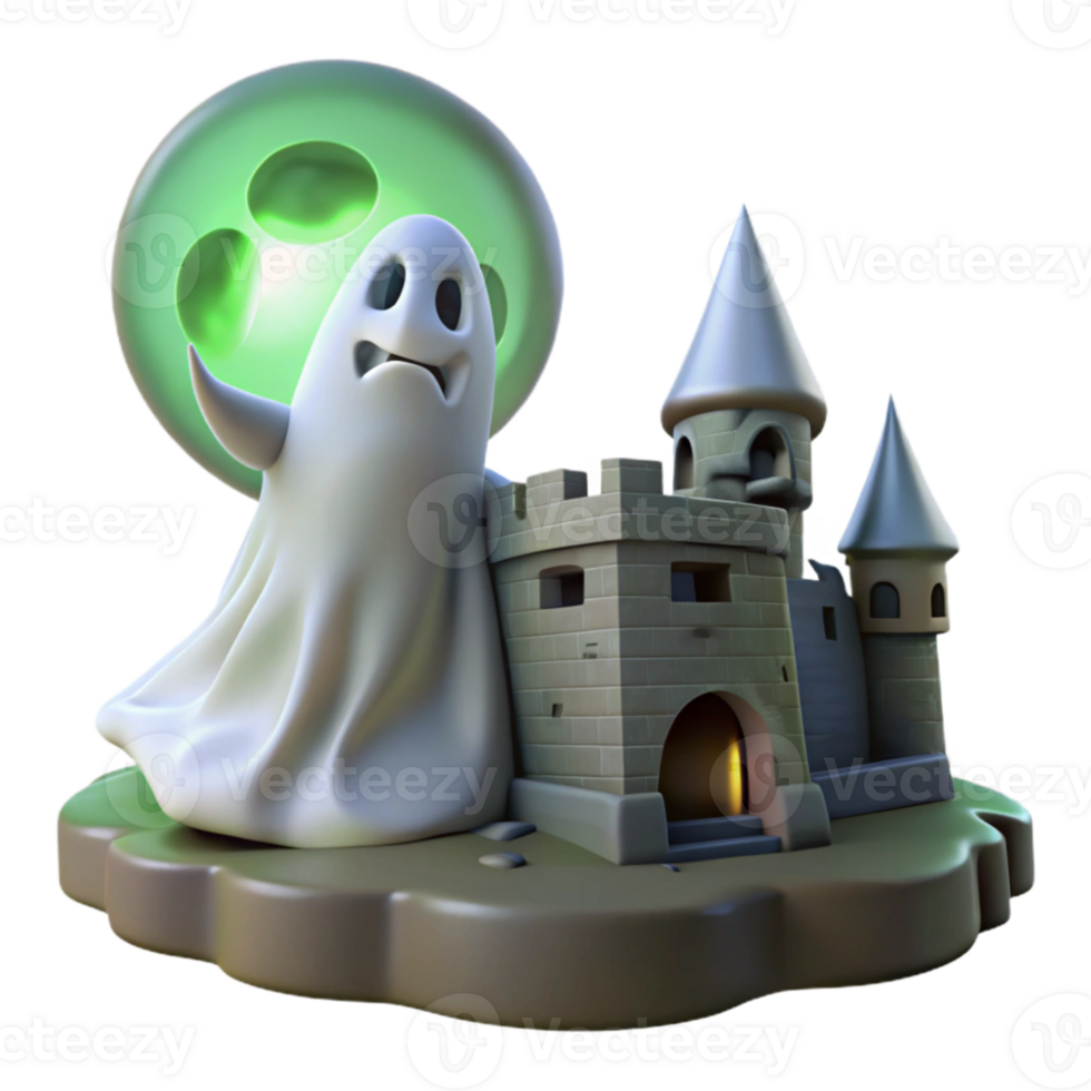 beautiful contemporary A melancholic ghost with translucent form, floating through a ruined castle, lit by the spectral glow of the moon. Gothic horror style high quality png