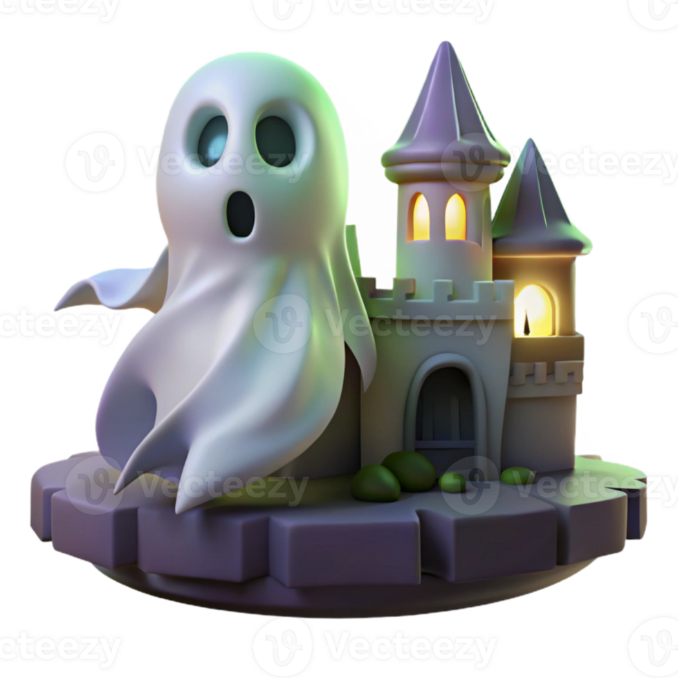 impressive traditional A melancholic ghost with translucent form, floating through a ruined castle, lit by the spectral glow of the moon. Gothic horror style high quality png