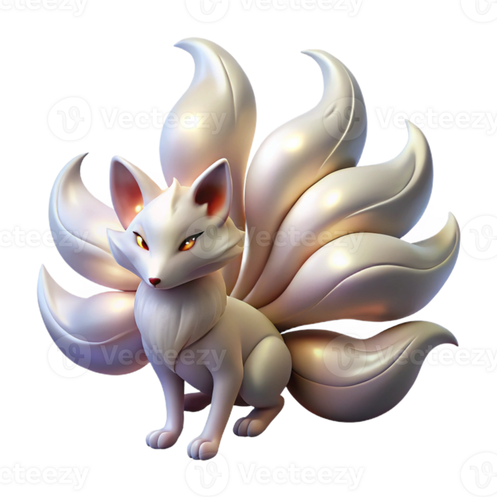 beautiful traditional A serene kitsune with nine flowing tails, basking in the moonlight, its fur shimmering with an ethereal glow. Japanese folklore style exclusive png
