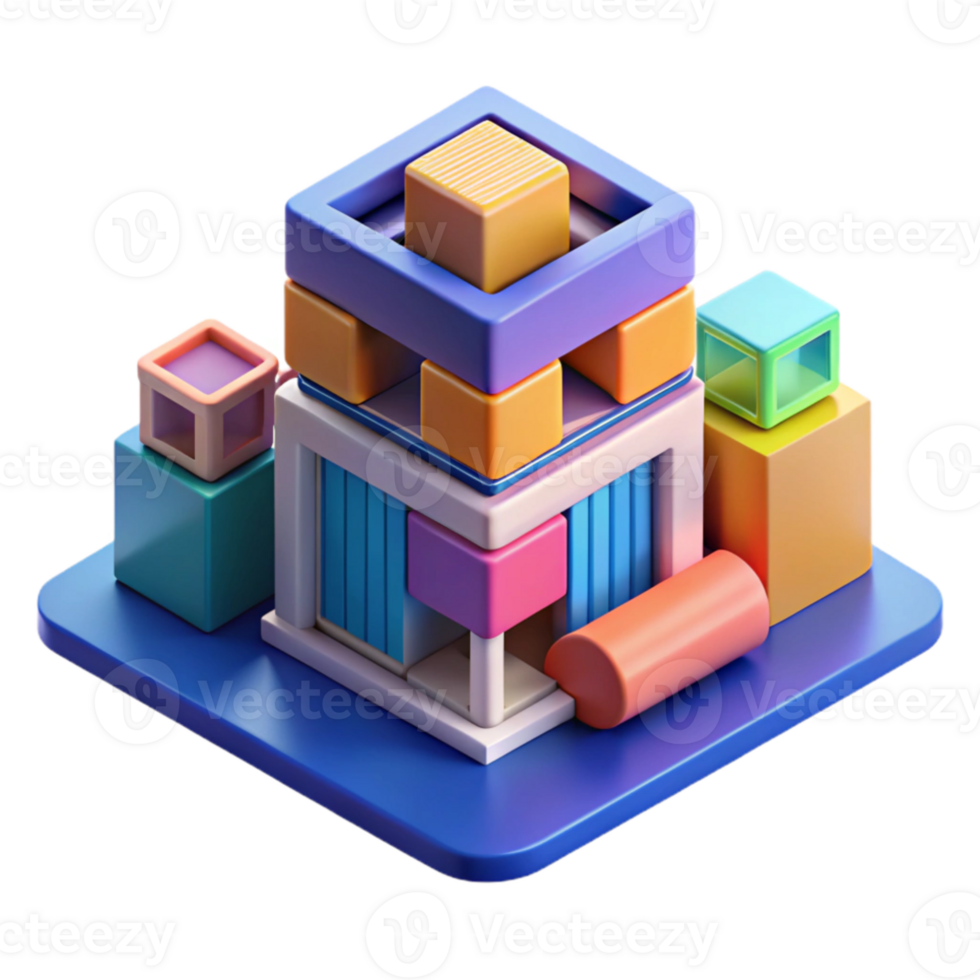 dramatic vintage Isometric projection of a complex modular building system, vibrant colors, abstract geometric shapes, playful and dynamic, architectural illustration, authentic png