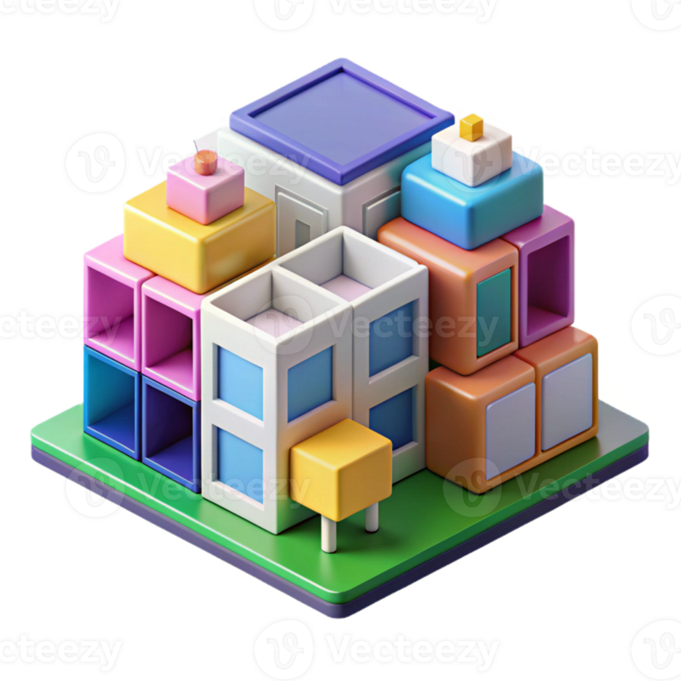 magnificent artistic Isometric projection of a complex modular building system, vibrant colors, abstract geometric shapes, playful and dynamic, architectural illustration, exclusive png