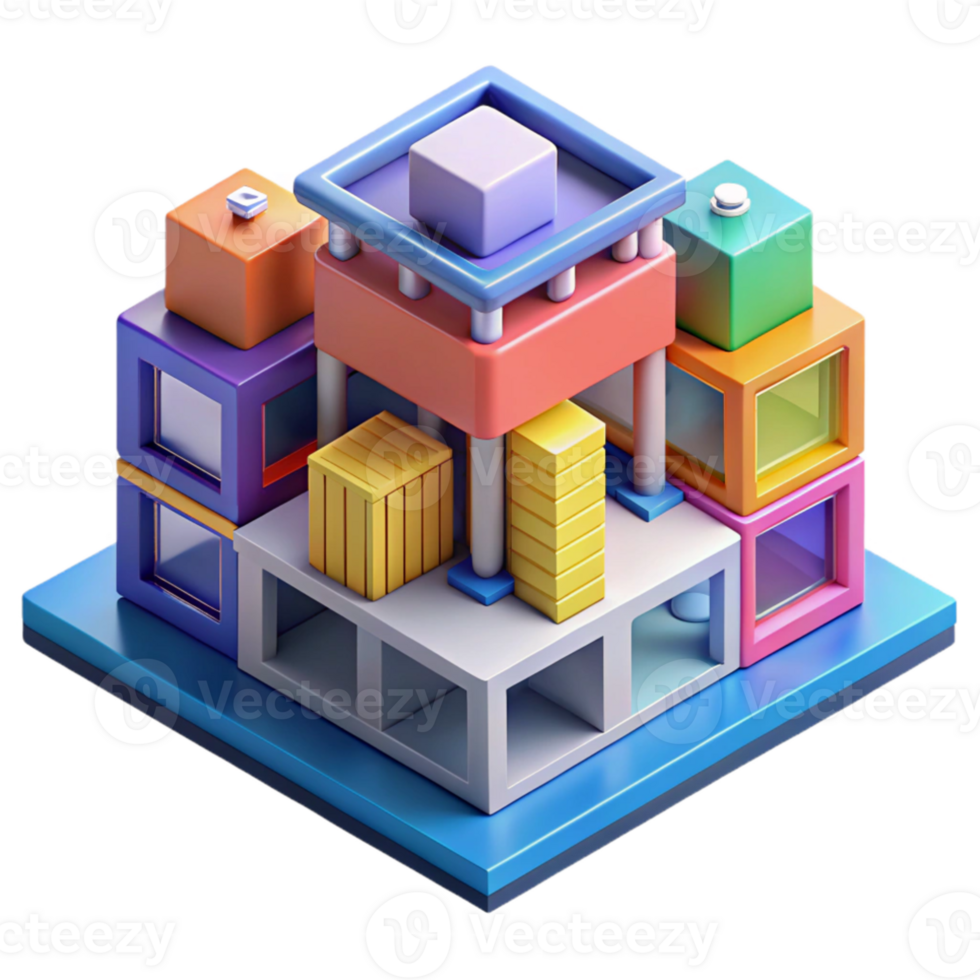 impressive rustic Isometric projection of a complex modular building system, vibrant colors, abstract geometric shapes, playful and dynamic, architectural illustration, authentic png