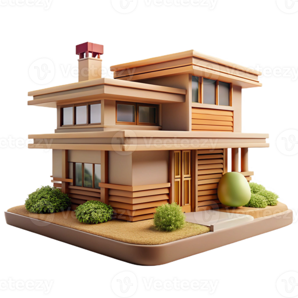 elegant abstract Frank Lloyd Wright inspired prairie house, horizontal lines, natural materials, integration with the landscape, warm natural light, high quality png