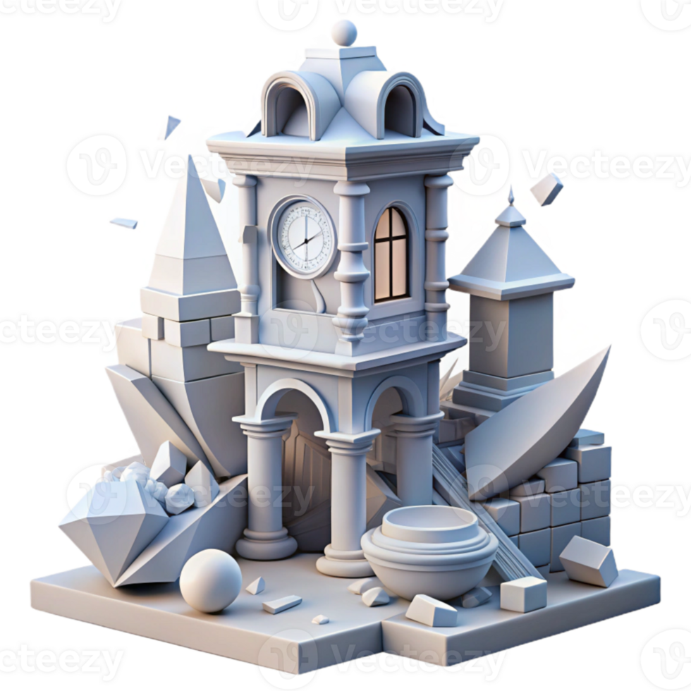 serene traditional Deconstructed clock tower, fragmented and distorted forms, surreal and dreamlike, soft lighting, detailed png