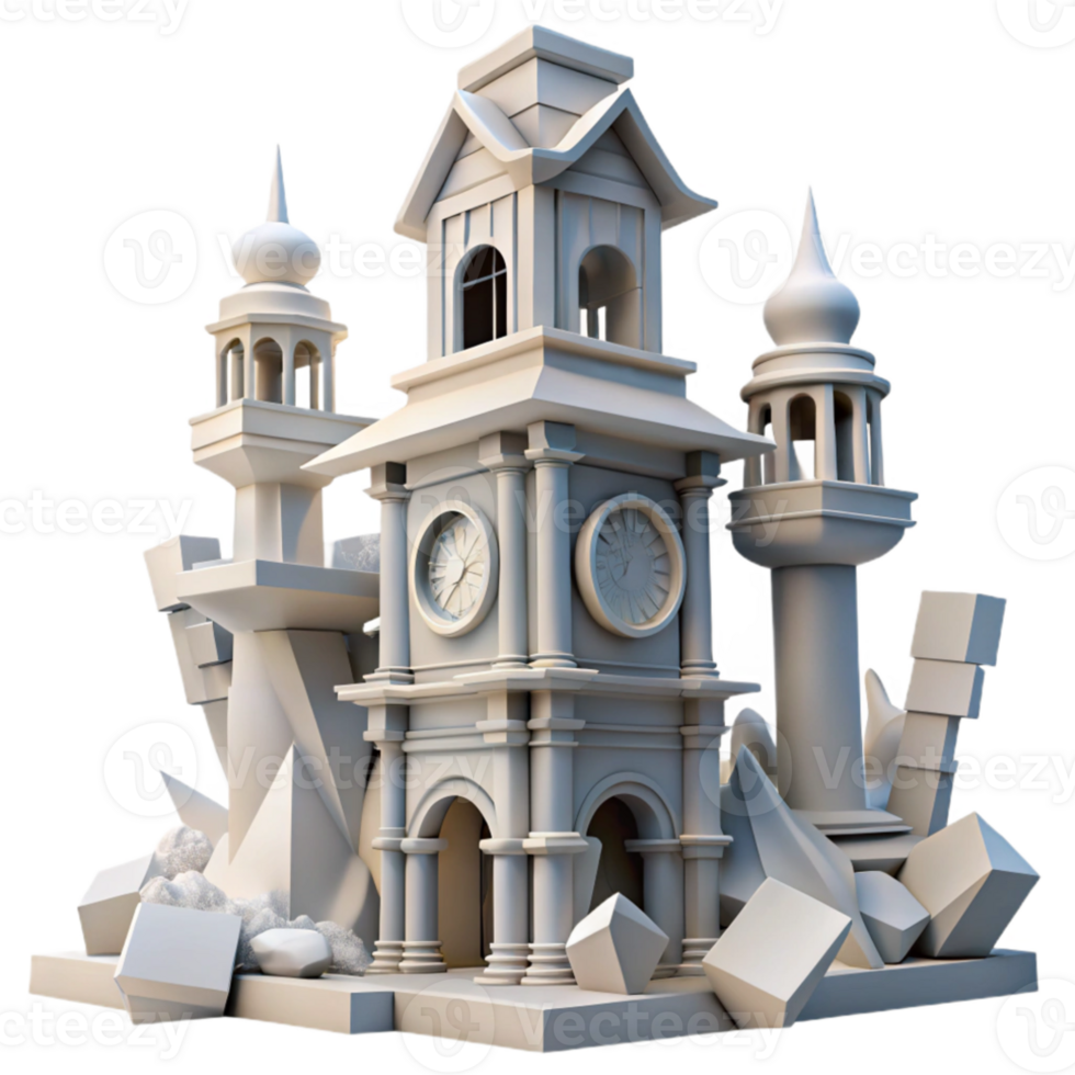 elegant traditional Deconstructed clock tower, fragmented and distorted forms, surreal and dreamlike, soft lighting, premium png