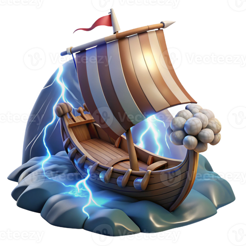 elegant traditional A Viking longship sailing through a stormy fjord, its sails billowing in the wind, lit by dramatic lightning strikes, in the style of Nordic art high resolution png