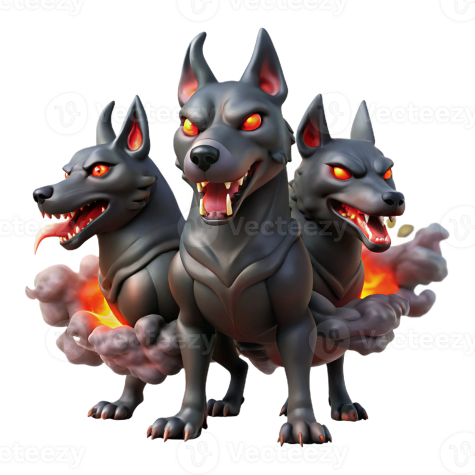 impressive contemporary Cerberus, the three-headed hound of Hades, with glowing red eyes and smoldering fur, emerging from a swirling vortex of dark smoke. Dark fantasy style original png