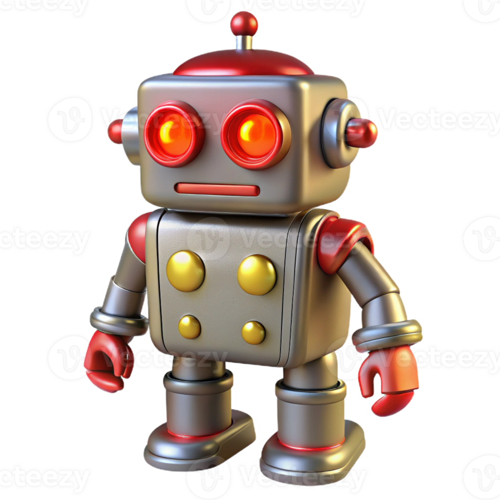 magnificent minimalist A vintage toy robot with glowing red eyes, dark background, cinematic lighting, retro futuristic style high resolution png
