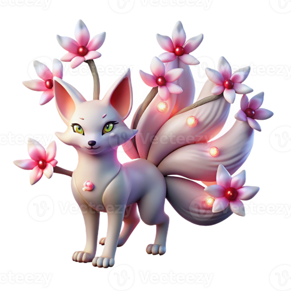 beautiful rustic A cunning Kitsune with nine flowing tails, illuminated by glowing cherry blossoms in a twilight forest. Anime style high quality png