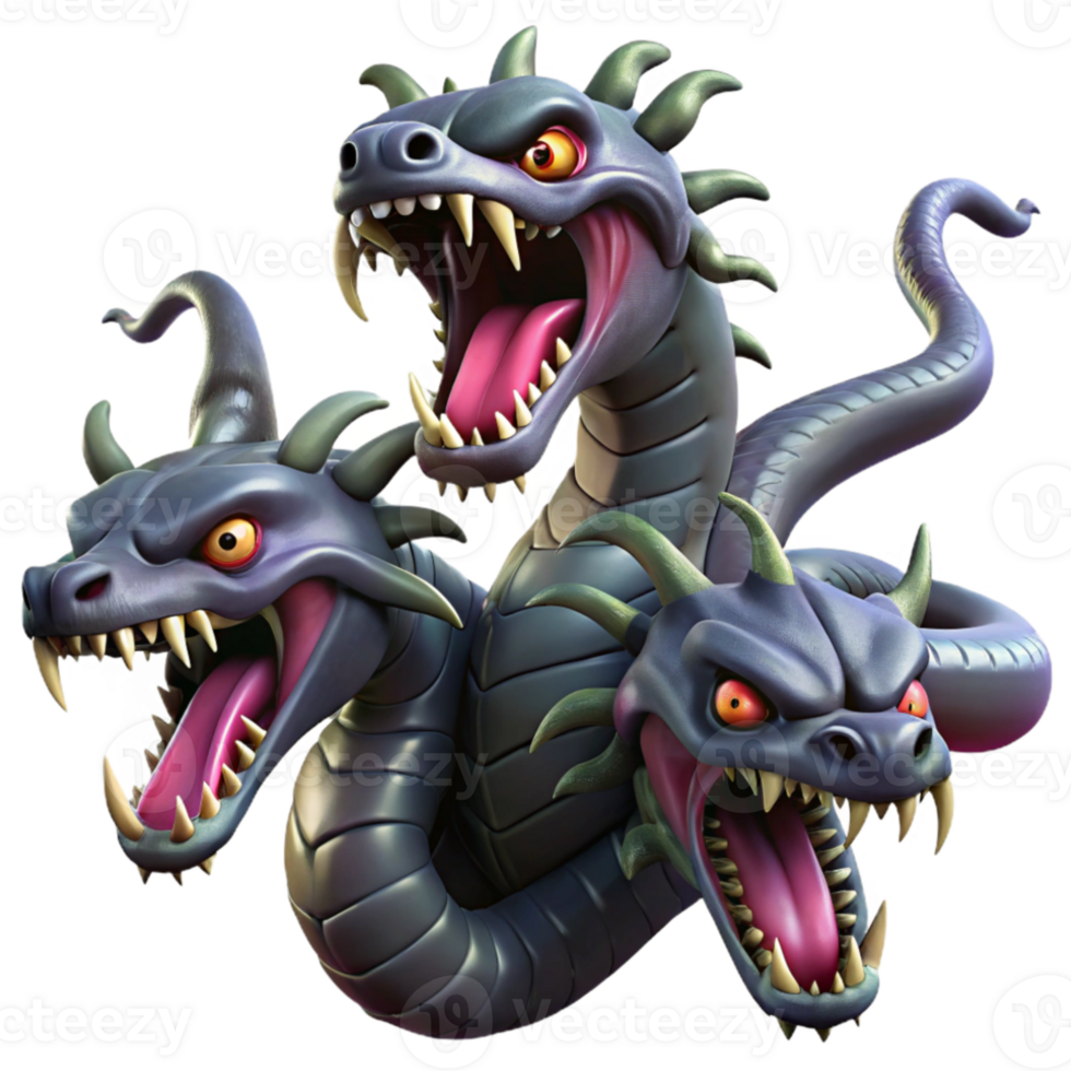 elegant creative A fearsome hydra with multiple serpentine heads, dripping venom, against a backdrop of stormy clouds. Dark fantasy style premium png