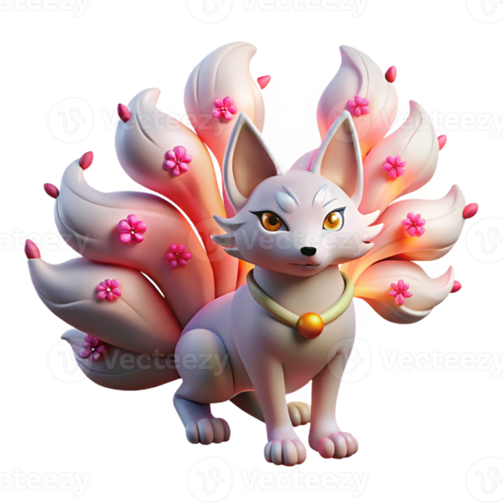 extraordinary modern A cunning Kitsune with nine flowing tails, illuminated by glowing cherry blossoms in a twilight forest. Anime style professional png
