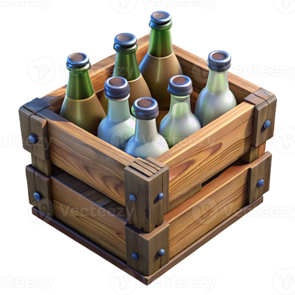 serene creative A vintage wooden crate filled with antique bottles, soft natural lighting, rustic still life style authentic png