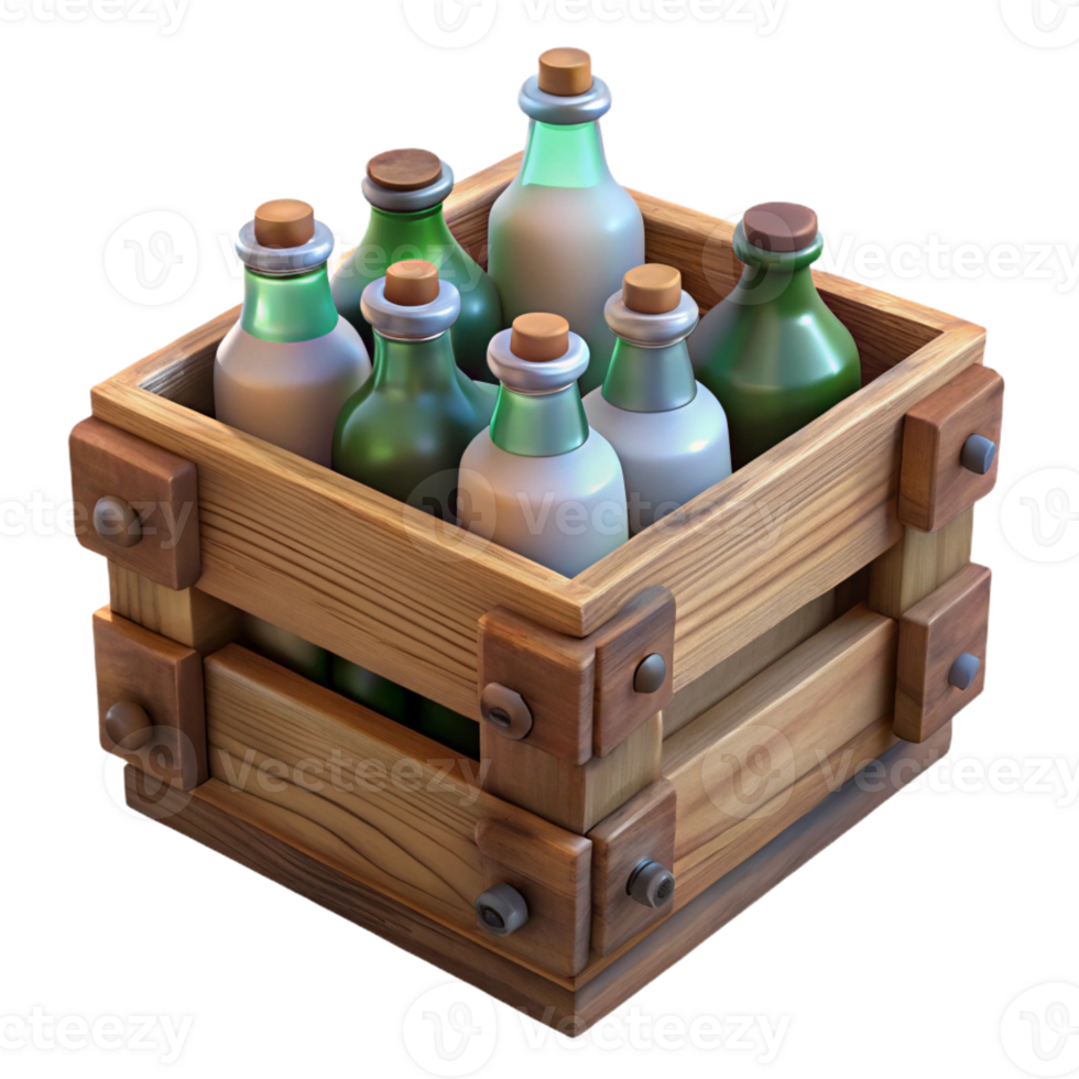 magnificent contemporary A vintage wooden crate filled with antique bottles, soft natural lighting, rustic still life style genuine png