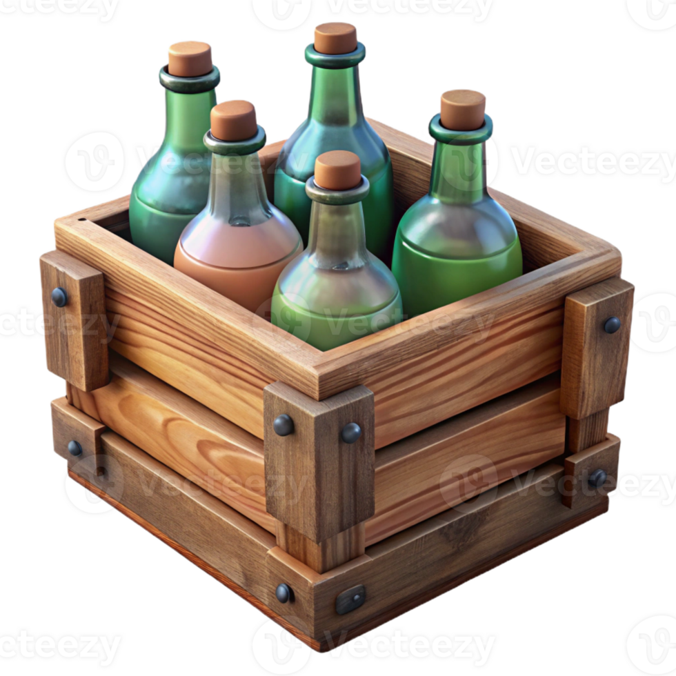 serene vintage A vintage wooden crate filled with antique bottles, soft natural lighting, rustic still life style genuine png