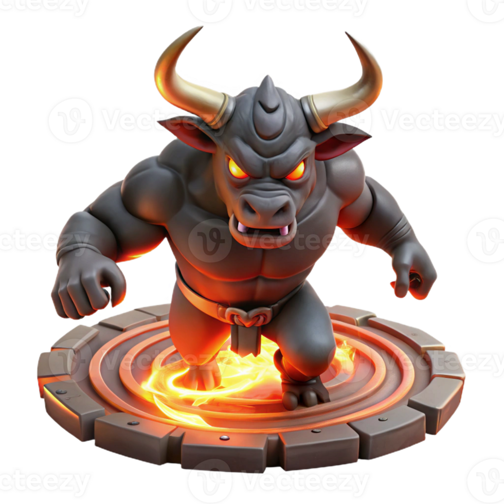 serene abstract A powerful minotaur with glowing red eyes, charging through a dark labyrinth, illuminated by torches, in a dynamic, comic book style high quality png