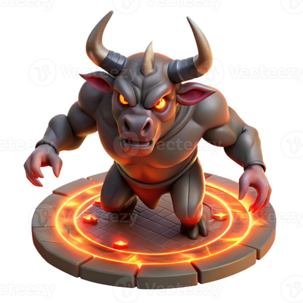 wonderful artistic A powerful minotaur with glowing red eyes, charging through a dark labyrinth, illuminated by torches, in a dynamic, comic book style exclusive png